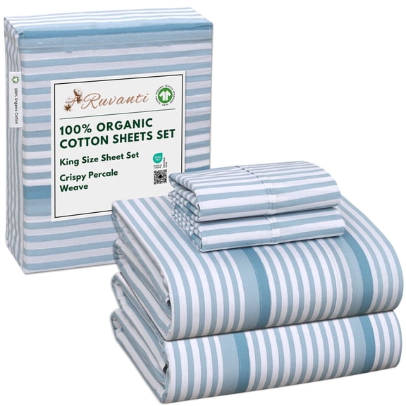 RUVANTI 100% Organic Cotton Sheets - King Size Sheet Set - 4 Piece Percale Weave Bedding, Crisp, Cooling & Breathable, Soft & Durable, 16" Deep Pocket, Hotel Quality Sábanas - Nautical Stripes