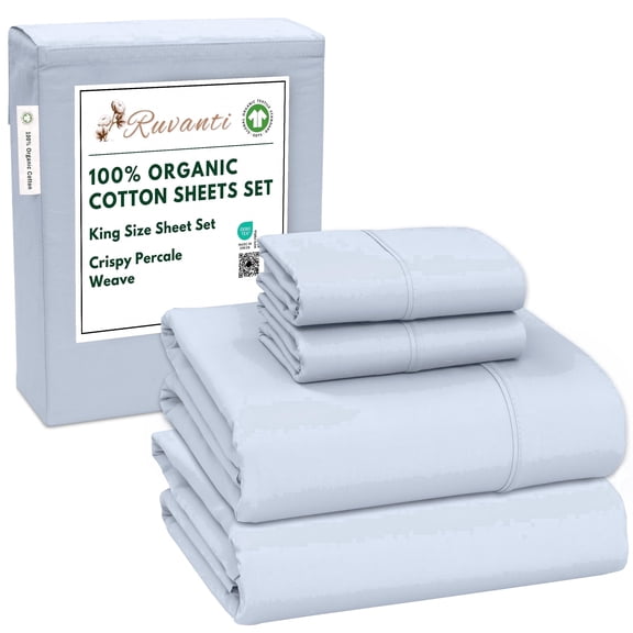 RUVANTI 100% Organic Cotton Sheets - King Size Sheet Set - 4 Piece Percale Weave Bedding, Crisp, Cooling & Breathable, Soft & Durable, 16" Deep Pocket, Hotel Quality Sábanas - Arctic Ice