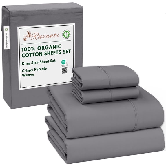 RUVANTI 100% Organic Cotton Sheets - King Size Sheet Set - 4 Piece Percale Weave Bedding, Crisp, Cooling & Breathable, Soft & Durable, 16" Deep Pocket, Hotel Quality Sábanas - Silver Filigree