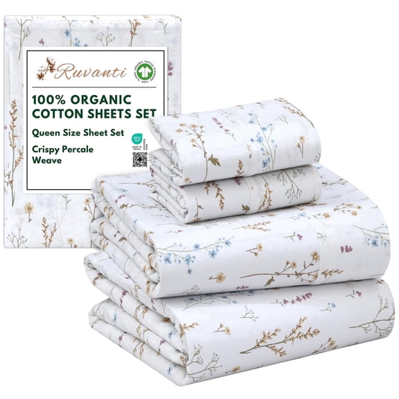 RUVANTI 100% Organic Cotton Sheets - Queen Sheet Set - 4 Piece Percale Weave Bedding, Crisp, Cooling & Breathable, Soft & Durable, 16" Deep Pocket, Hotel Quality Sábanas - Field Flower