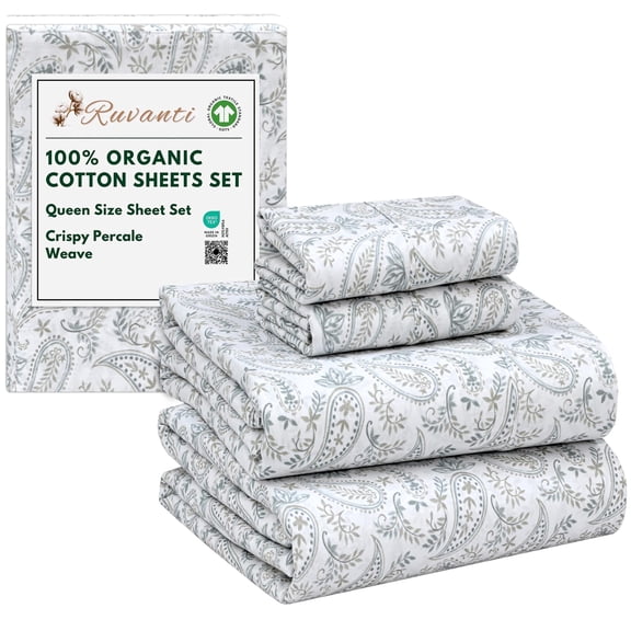 RUVANTI 100% Organic Cotton Sheets - Queen Sheet Set - 4 Piece Percale Weave Bedding, Crisp, Cooling & Breathable, Soft & Durable, 16" Deep Pocket, Hotel Quality Sábanas - Ornate Oasis
