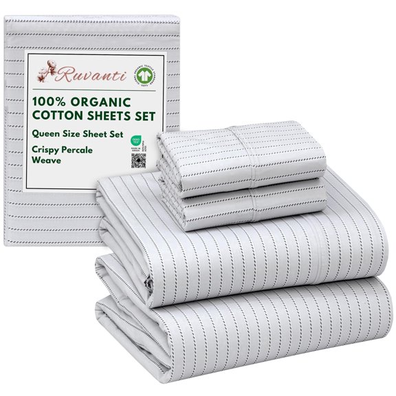 RUVANTI 100% Organic Cotton Sheets - Queen Sheet Set - 4 Piece Percale Weave Bedding, Crisp, Cooling & Breathable, Soft & Durable, 16" Deep Pocket, Hotel Quality Sábanas - Construction Line