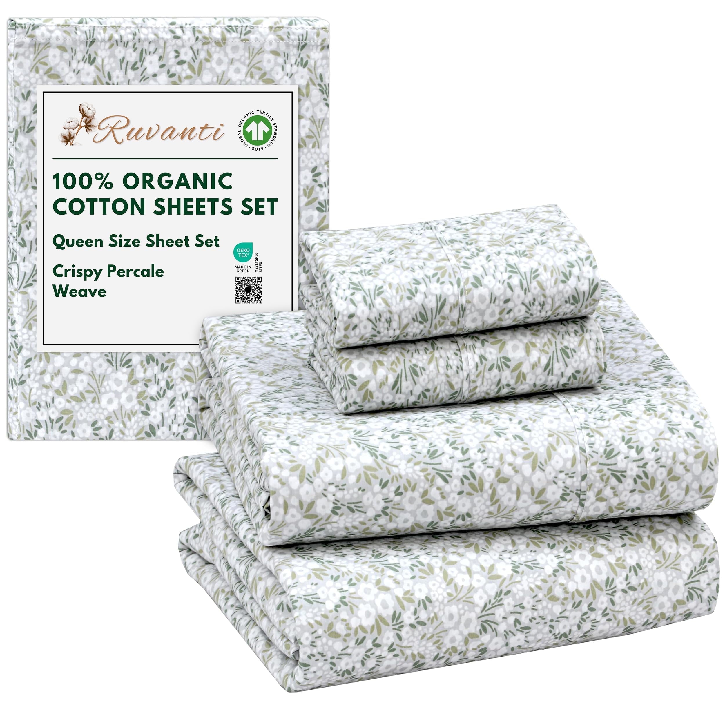 RUVANTI 100% Organic Cotton Sheets - Queen Sheet Set - 4 Piece Percale Weave Bedding, Crisp, Cooling & Breathable, Soft & Durable, 16" Deep Pocket, Hotel Quality Sábanas - Floral Rush - Walmart.com