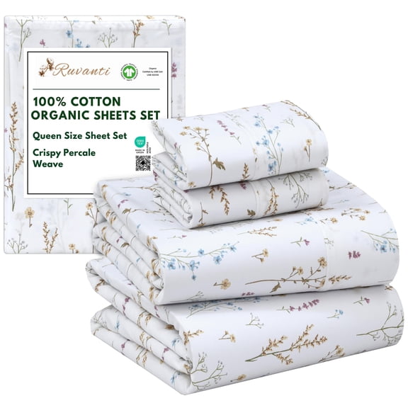 RUVANTI 100% Organic Cotton Sheets - Queen Sheet Set - 4 Piece Percale Weave Bedding, Crisp, Cooling & Breathable, Soft & Durable, 15" Deep Pocket, Hotel Quality Sábanas - Field Flower
