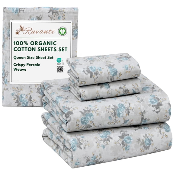 RUVANTI 100% Organic Cotton Sheets - Queen Sheet Set - 4 Piece Percale Weave Bedding, Crisp, Cooling & Breathable, Soft & Durable, 16" Deep Pocket, Hotel Quality Sábanas - Blue Rose