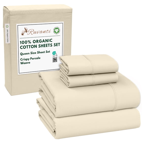 RUVANTI 100% Organic Cotton Sheets - Queen Sheet Set - 4 Piece Percale Weave Bedding, Crisp, Cooling & Breathable, Soft & Durable, 16" Deep Pocket, Hotel Quality Sábanas - Cloud Cream