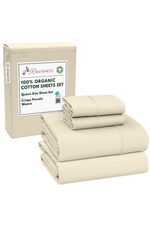 100% Organic Cotton Sheets - Queen Sheet Set - 4 Piece Percale Weave Bedding, Crisp, Cooling & Breathable, Soft & Durable, 16" Deep Pocket, Hotel Quality Sábanas - Cloud Cream