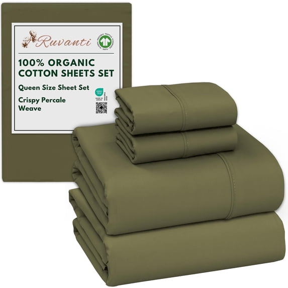 RUVANTI 100% Organic Cotton Sheets - Queen Sheet Set - 4 Piece Percale Weave Bedding, Crisp, Cooling & Breathable, Soft & Durable, 16" Deep Pocket, Hotel Quality Sábanas - Olive