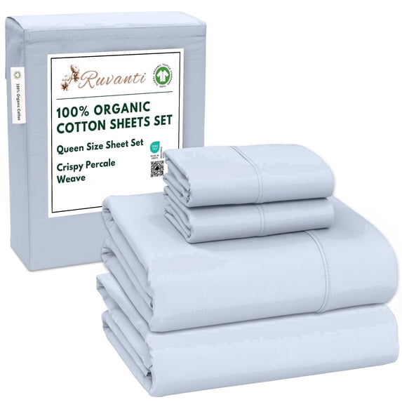 RUVANTI 100% Organic Cotton Sheets - Queen Sheet Set - 4 Piece Percale Weave Bedding, Crisp, Cooling & Breathable, Soft & Durable, 16" Deep Pocket, Hotel Quality Sábanas - Arctic Ice