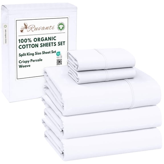 RUVANTI 100% Organic Cotton Sheets -Split King Sheet - 5 Piece Percale Weave Bedding, Crisp, Cooling & Breathable, Soft & Durable, 16" Deep Pocket, Hotel Quality Sábanas - Bright White