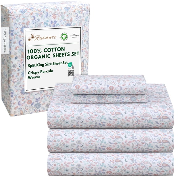 RUVANTI 100% Organic Cotton Sheets -Split King Sheet - 5 Piece Percale Weave Bedding, Crisp, Cooling & Breathable, Soft & Durable, 15" Deep Pocket, Hotel Quality Sábanas - Multi Paisley