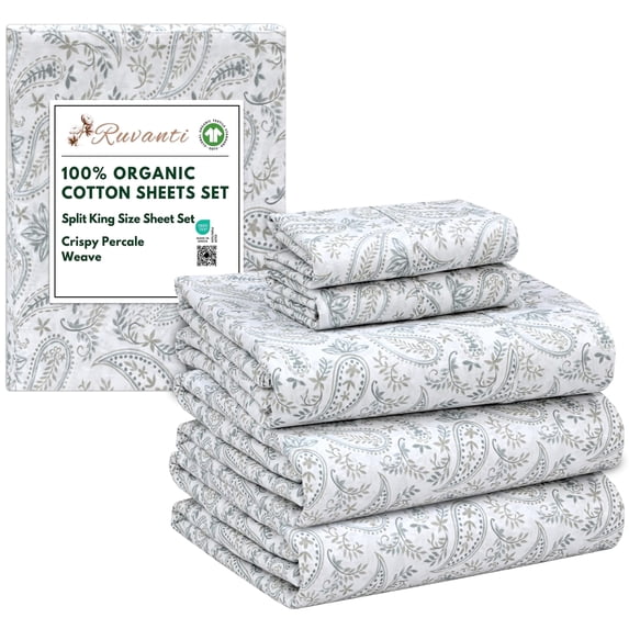 RUVANTI 100% Organic Cotton Sheets -Split King Sheet - 5 Piece Percale Weave Bedding, Crisp, Cooling & Breathable, Soft & Durable, 16" Deep Pocket, Hotel Quality Sábanas - Ornate Oasis