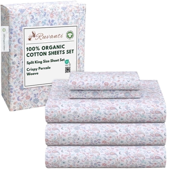 RUVANTI 100% Organic Cotton Sheets -Split King Sheet - 5 Piece Percale Weave Bedding, Crisp, Cooling & Breathable, Soft & Durable, 16" Deep Pocket, Hotel Quality Sábanas - Multi Paisley