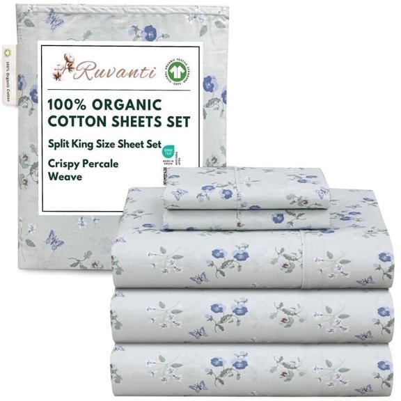 RUVANTI 100% Organic Cotton Sheets -Split King Sheet - 5 Piece Percale Weave Bedding, Crisp, Cooling & Breathable, Soft & Durable, 16" Deep Pocket, Hotel Quality Sábanas - Butter Flight