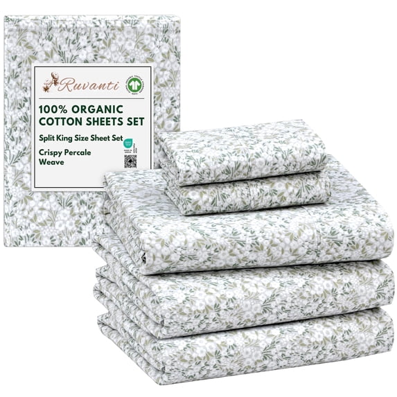 RUVANTI 100% Organic Cotton Sheets -Split King Sheet - 5 Piece Percale Weave Bedding, Crisp, Cooling & Breathable, Soft & Durable, 16" Deep Pocket, Hotel Quality Sábanas - Floral Rush