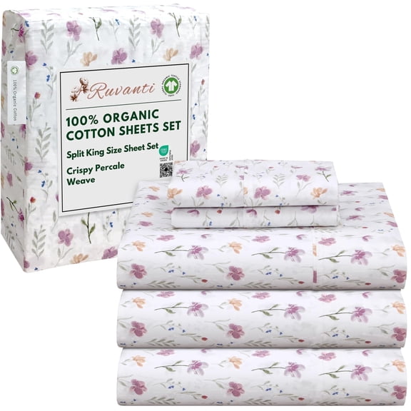 RUVANTI 100% Organic Cotton Sheets -Split King Sheet - 5 Piece Percale Weave Bedding, Crisp, Cooling & Breathable, Soft & Durable, 16" Deep Pocket, Hotel Quality Sábanas - Obsessed Stems