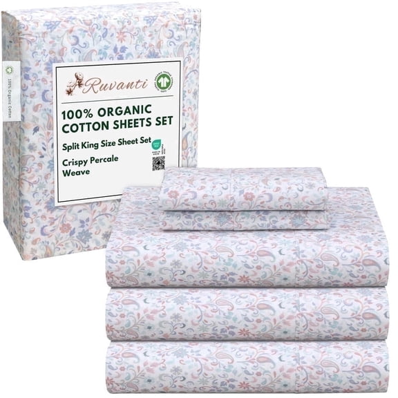 RUVANTI 100% Organic Cotton Sheets -Split King Sheet - 5 Piece Percale Weave Bedding, Crisp, Cooling & Breathable, Soft & Durable, 16" Deep Pocket, Hotel Quality Sábanas - Multi Paisley