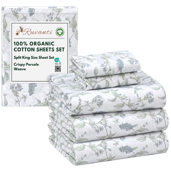 RUVANTI 100% Organic Cotton Sheets -Split King Sheet - 5 Piece Percale Weave Bedding, Crisp, Cooling & Breathable, Soft & Durable, 16" Deep Pocket, Hotel Quality Sábanas - Vine Yard