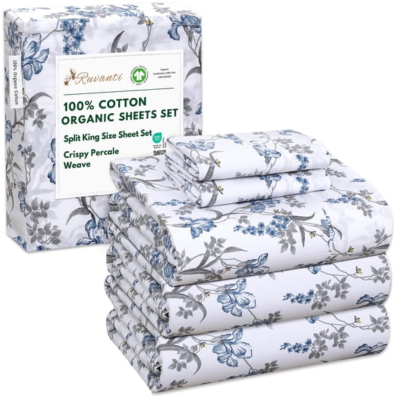 RUVANTI 100% Organic Cotton Sheets -Split King Sheet - 5 Piece Percale Weave Bedding, Crisp, Cooling & Breathable, Soft & Durable, 15" Deep Pocket, Hotel Quality Sábanas - Deluxe