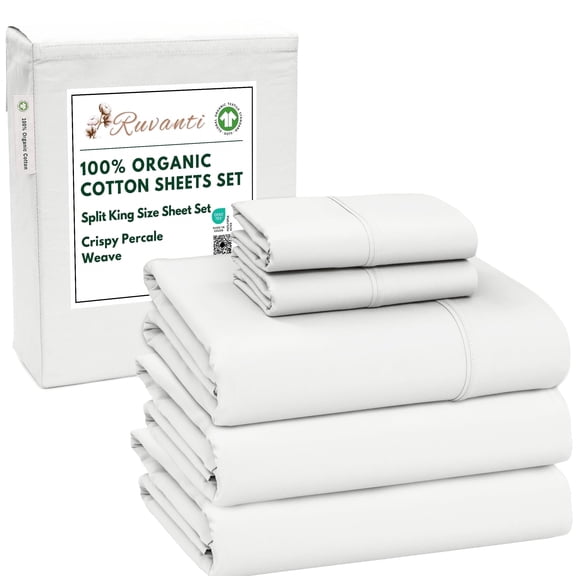 RUVANTI 100% Organic Cotton Sheets -Split King Sheet - 5 Piece Percale Weave Bedding, Crisp, Cooling & Breathable, Soft & Durable, 16" Deep Pocket, Hotel Quality Sábanas - Bit of Blue