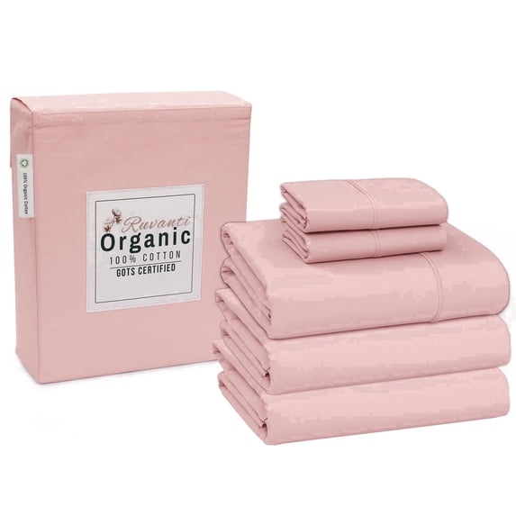 RUVANTI 100% Organic Cotton Sheets -Split King Sheet - 5 Piece Percale Weave Bedding, Crisp, Cooling & Breathable, Soft & Durable, 16" Deep Pocket, Hotel Quality Sábanas - Peach Skin