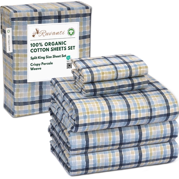 RUVANTI 100% Organic Cotton Sheets -Split King Sheet - 5 Piece Percale Weave Bedding, Crisp, Cooling & Breathable, Soft & Durable, 16" Deep Pocket, Hotel Quality Sábanas - Pastel Print