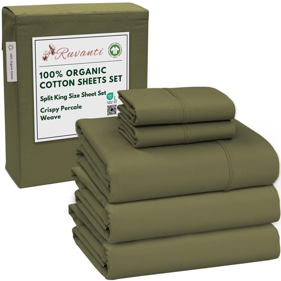 RUVANTI 100% Organic Cotton Sheets -Split King Sheet - 5 Piece Percale Weave Bedding, Crisp, Cooling & Breathable, Soft & Durable, 16" Deep Pocket, Hotel Quality Sábanas - Olive
