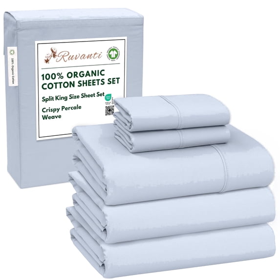 RUVANTI 100% Organic Cotton Sheets -Split King Sheet - 5 Piece Percale Weave Bedding, Crisp, Cooling & Breathable, Soft & Durable, 16" Deep Pocket, Hotel Quality Sábanas - Arctic Ice