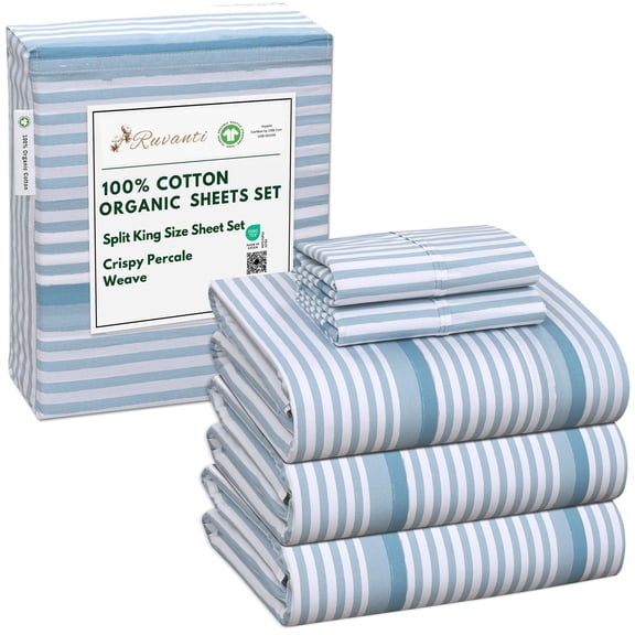 RUVANTI 100% Organic Cotton Sheets -Split King Sheet - 5 Piece Percale Weave Bedding, Crisp, Cooling & Breathable, Soft & Durable, 16" Deep Pocket, Hotel Quality Sábanas - Nautical Stripes