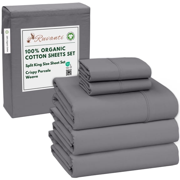 RUVANTI 100% Organic Cotton Sheets -Split King Sheet - 5 Piece Percale Weave Bedding, Crisp, Cooling & Breathable, Soft & Durable, 16" Deep Pocket, Hotel Quality Sábanas - Silver Filigree