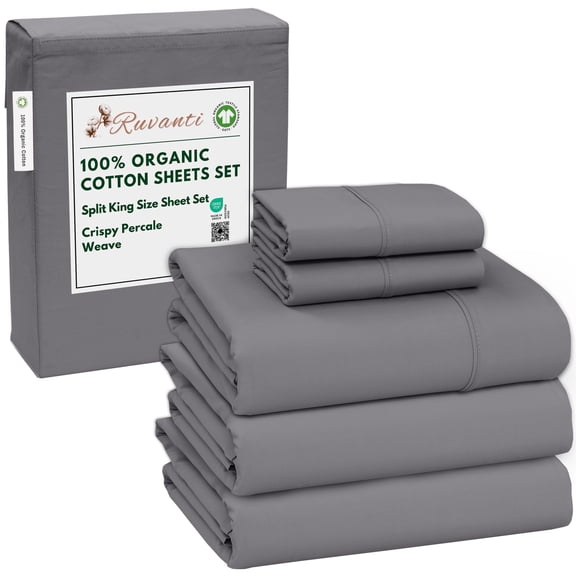 RUVANTI 100% Organic Cotton Sheets -Split King Sheet - 5 Piece Percale Weave Bedding, Crisp, Cooling & Breathable, Soft & Durable, 16" Deep Pocket, Hotel Quality Sábanas - Silver Filigree