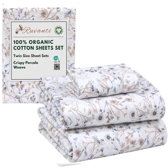 RUVANTI 100% Organic Cotton Sheets - Twin Sheet Set - 3 Piece Percale Weave Bedding, Crisp, Cooling & Breathable, Soft & Durable, 16" Deep Pocket, Hotel Quality Sábanas - Tranquil