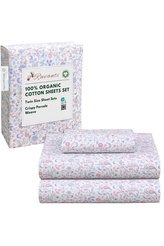 100% Organic Cotton Sheets - Twin Sheet Set - 3 Piece Percale Weave Bedding, Crisp, Cooling & Breathable, Soft & Durable, 16" Deep Pocket, Hotel Quality Sábanas - Multi Paisley