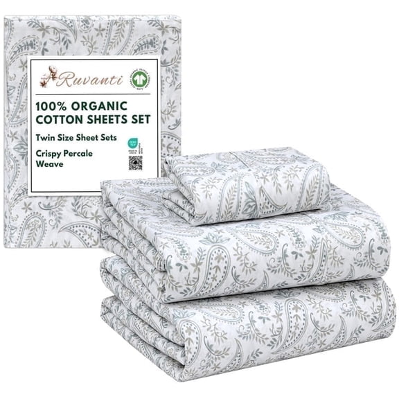 RUVANTI 100% Organic Cotton Sheets - Twin Sheet Set - 3 Piece Percale Weave Bedding, Crisp, Cooling & Breathable, Soft & Durable, 16" Deep Pocket, Hotel Quality Sábanas - Ornate Oasis
