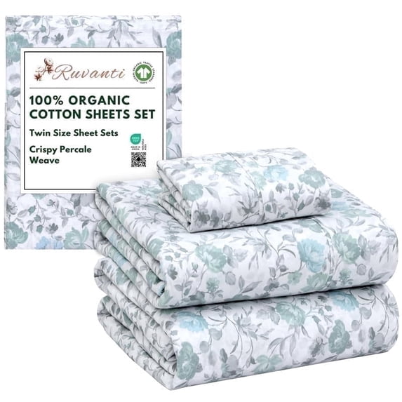 RUVANTI 100% Organic Cotton Sheets - Twin Sheet Set - 3 Piece Percale Weave Bedding, Crisp, Cooling & Breathable, Soft & Durable, 16" Deep Pocket, Hotel Quality Sábanas - Cold Chrysanthemum