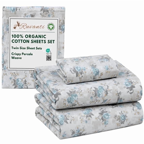 RUVANTI 100% Organic Cotton Sheets - Twin Sheet Set - 3 Piece Percale Weave Bedding, Crisp, Cooling & Breathable, Soft & Durable, 16" Deep Pocket, Hotel Quality Sábanas - Blue Rose