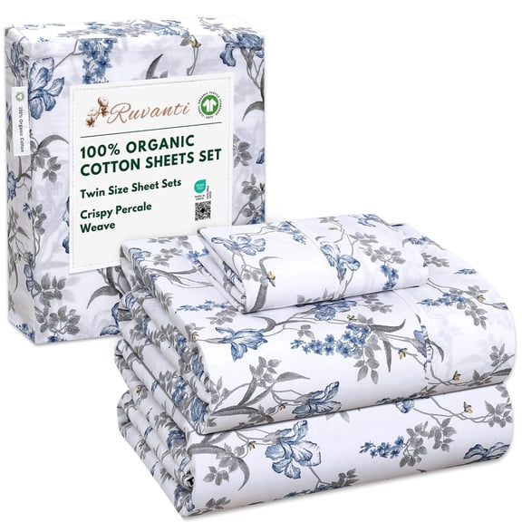 RUVANTI 100% Organic Cotton Sheets - Twin Sheet Set - 3 Piece Percale Weave Bedding, Crisp, Cooling & Breathable, Soft & Durable, 16" Deep Pocket, Hotel Quality Sábanas - Deluxe
