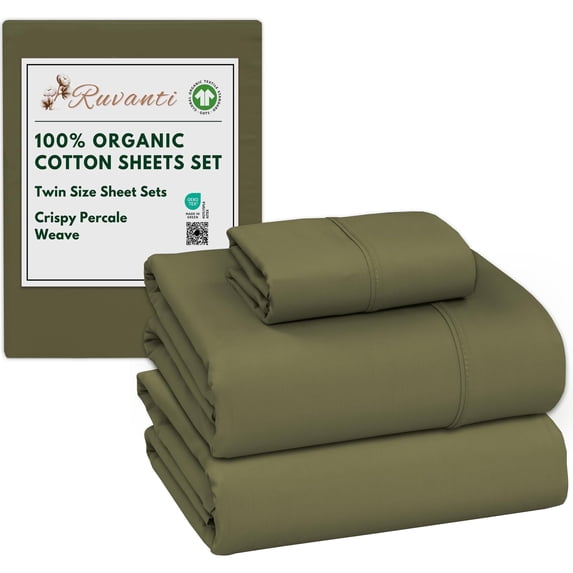RUVANTI 100% Organic Cotton Sheets - Twin Sheet Set - 3 Piece Percale Weave Bedding, Crisp, Cooling & Breathable, Soft & Durable, 16" Deep Pocket, Hotel Quality Sábanas - Olive