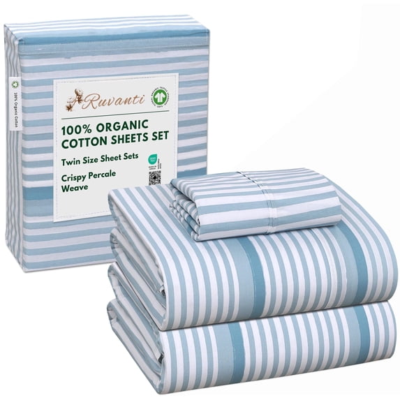 RUVANTI 100% Organic Cotton Sheets - Twin Sheet Set - 3 Piece Percale Weave Bedding, Crisp, Cooling & Breathable, Soft & Durable, 16" Deep Pocket, Hotel Quality Sábanas - Nautical Stripes