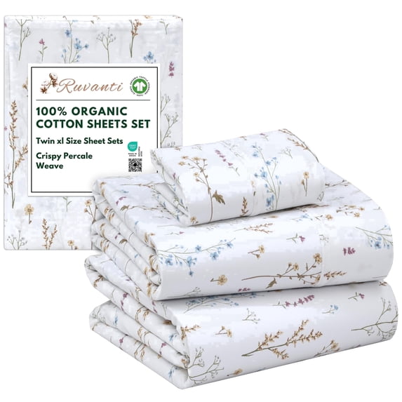 RUVANTI 100% Organic Cotton Sheets - Twin XL Sheet Sets - 3 Piece Percale Weave Bedding, Crisp, Cooling & Breathable, Soft & Durable, 16" Deep Pocket, Hotel Quality Sábanas - Field Flower