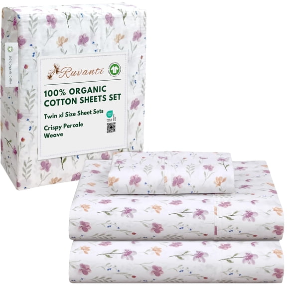 RUVANTI 100% Organic Cotton Sheets - Twin XL Sheet Sets - 3 Piece Percale Weave Bedding, Crisp, Cooling & Breathable, Soft & Durable, 16" Deep Pocket, Hotel Quality Sábanas - Obsessed Stems