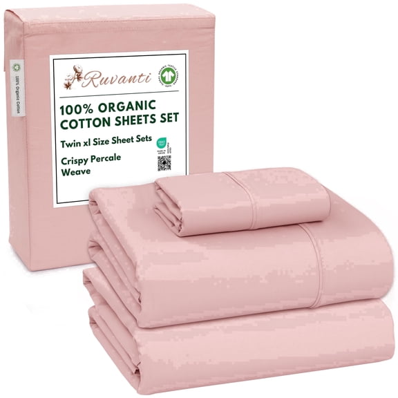 RUVANTI 100% Organic Cotton Sheets - Twin XL Sheet Sets - 3 Piece Percale Weave Bedding, Crisp, Cooling & Breathable, Soft & Durable, 16" Deep Pocket, Hotel Quality Sábanas - Peach Skin