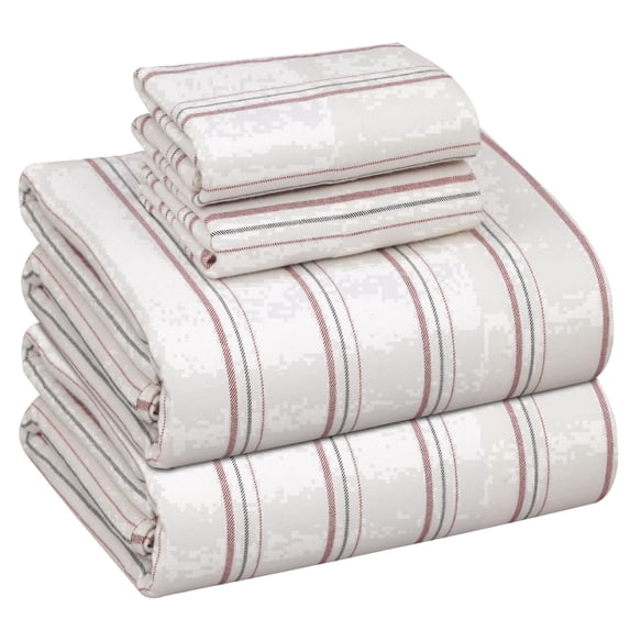 RUVANTI Flannel Sheets Full Size - 100% Cotton Double Brushed Bed Sheets Set, Deep Pockets 16 Inches, All Seasons Breathable & Extra Soft Full Sheets, Warm & Cozy, 4 Piece, Twill Stripe