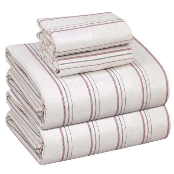 RUVANTI Flannel Sheets Full Size - 100% Cotton Double Brushed Bed Sheets Set, Deep Pockets 16 Inches, All Seasons Breathable & Extra Soft Full Sheets, Warm & Cozy, 4 Piece, Twill Stripe