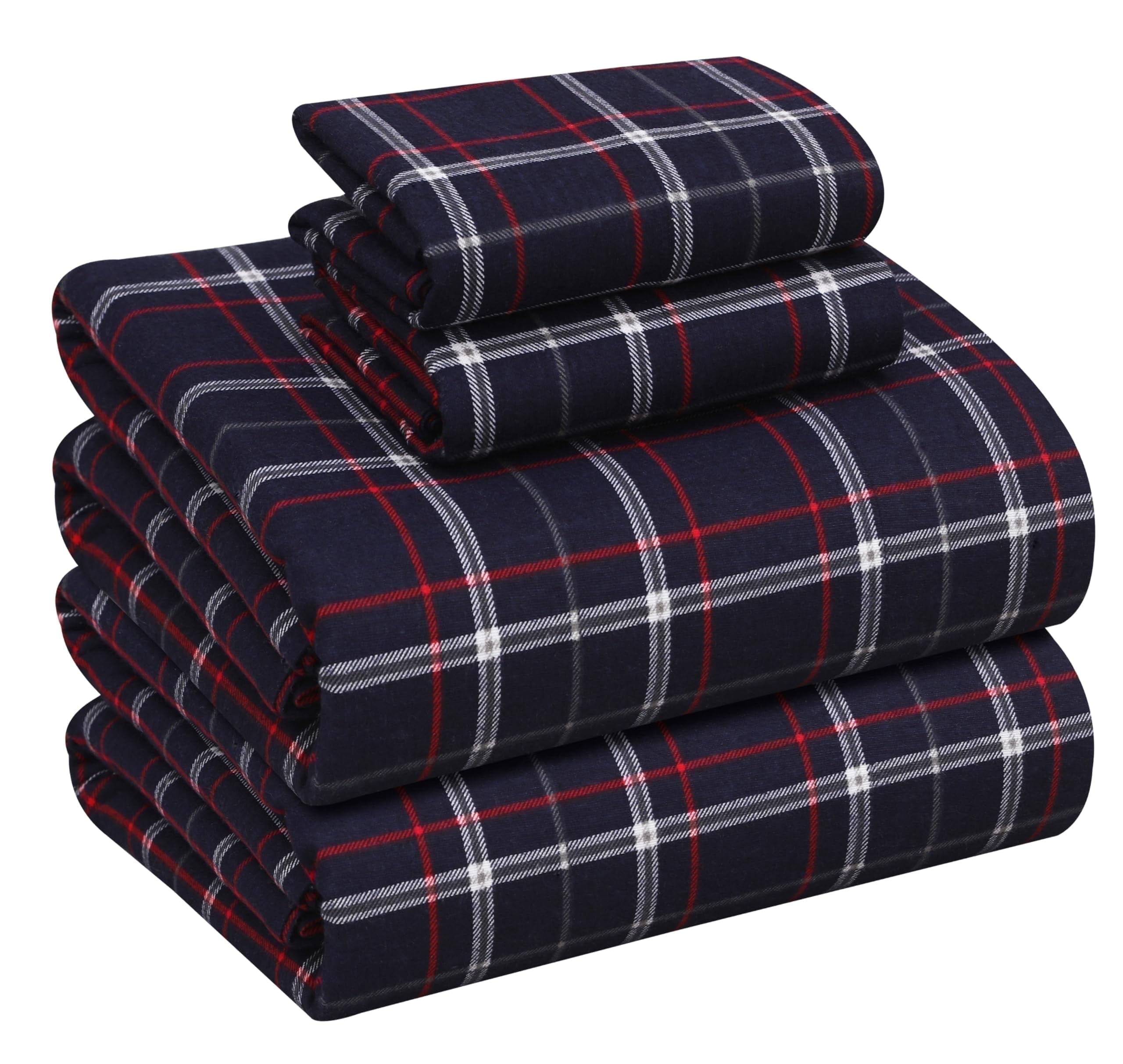 Yankees Blue Plaid Full Cotton Flannel Bed Sheet Set