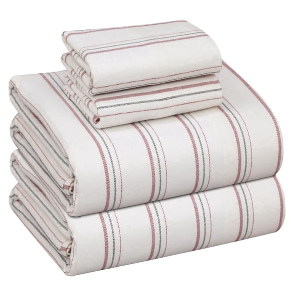 RUVANTI Flannel Sheets Full Size - 100% Cotton Double Brushed Bed Sheets Set, Deep Pockets 16 Inches, All Seasons Breathable & Extra Soft Full Sheets, Warm & Cozy, 4 Piece, Twill Stripe