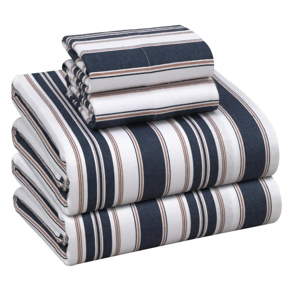 RUVANTI Flannel Sheets Full Size - 100% Cotton Double Brushed Bed Sheets Set, Deep Pockets 16 Inches, All Seasons Breathable & Extra Soft Full Sheets, Warm & Cozy, 4 Piece, Maritime Stripe