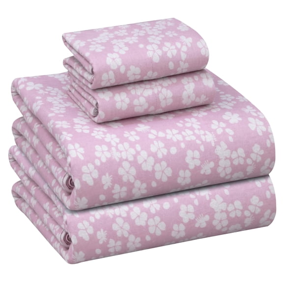 RUVANTI Flannel Sheets King Size - 100% Cotton Brushed King Size Sheets Set - Deep Pockets 16 Inches Bed Sheets - All Seasons Breathable & Extra Soft - Warm & Cozy, 4 Piece, Pink Flora