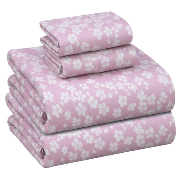 RUVANTI Flannel Sheets Queen Size - 100% Cotton Double Brushed Bed Sheets, Deep Pockets 16 Inches Queen Sheet Set, All Seasons Breathable & Extra Soft - Warm & Cozy, 4 Piece, Pink Flora