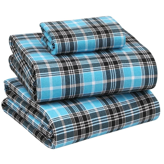 RUVANTI Flannel Sheets Twin XL Size - 100% Cotton Brushed Bed Sheet Sets - Deep Pockets 16 Inches (fits up to 18") - All Seasons Breathable & Super Soft - Warm & Cozy - 3 Pcs - Teal Plaid